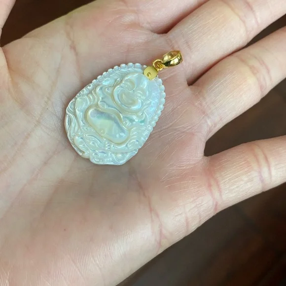 14K Solid Real Gold Carving Happy Laughing Buddha Shell Pearl Pendant